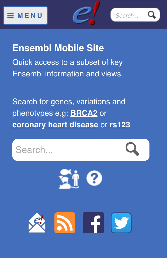The new Ensembl mobile site showing BRCA2 and detailing available