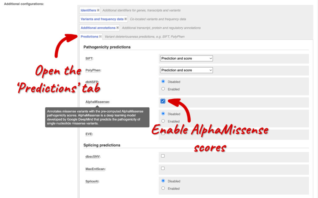 A screenshot of the Ensembl VEP web interface input form highlighting how to retrieve AlphaMissense scores. Under 'Additional configurations', open the 'Predictions' tab and select 'AlphaMissense'.