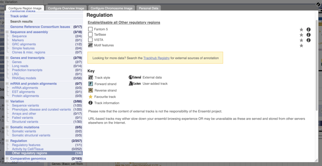 A screenshot of the 'Configure this page' menu in the Ensembl 'Location' tab. The 'Motif features' track can be found under the 'Regulation' group in the left-hand panel.